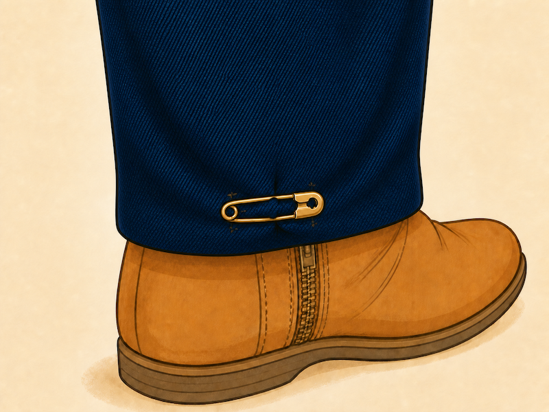 Cartoon showing a jeans pant leg folded inward and held in place with a closed safety pin